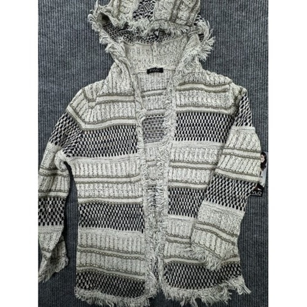 Fylo Sweater Womens Small Natural Mix Stripe Hooded Boho Fringed Cardigan Jacket